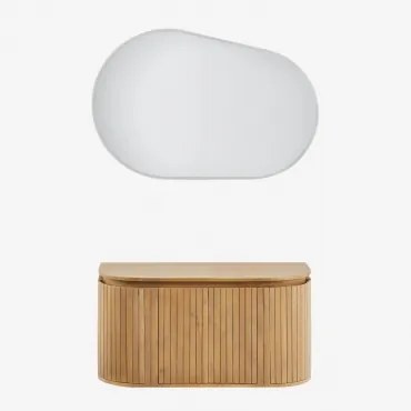 Zestaw Wiszących Mebli Łazienkowych Z Drewna Mango Analis Naturalna & Without Sink & Owalna Lampa Led I Przeciwmgielna 100x80 Cm Riben & Bez Kranu -