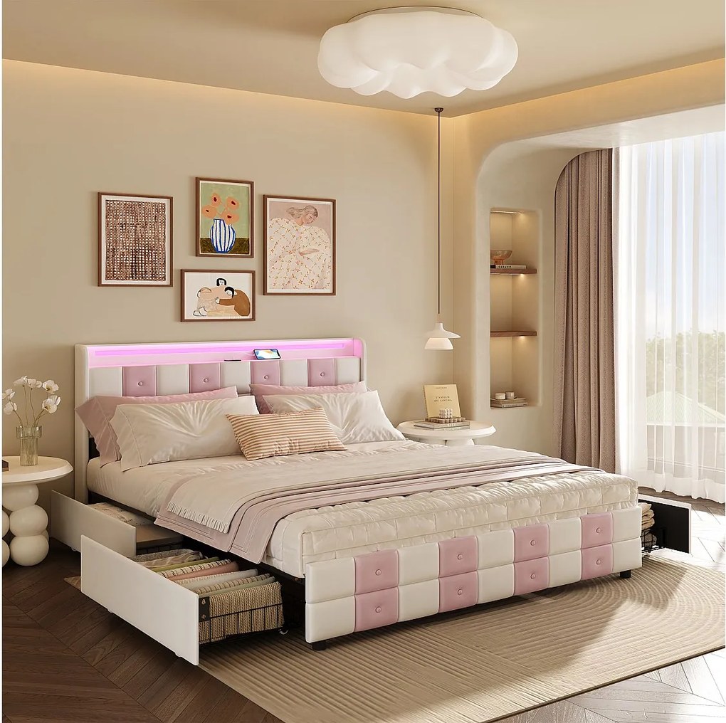 Łóżko z pojemnikiem 160x200 cm, oświetleniem LED RGB, zagłówkiem z portami USB i 4 szufladami – Miękki aksamit – Nowoczesny design