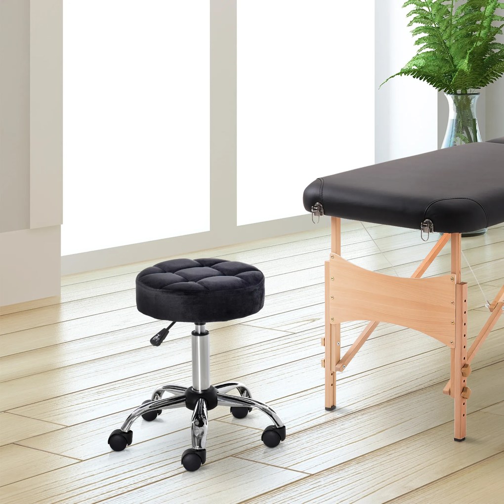 HOMCOM Taboret salonowy, regulowana wysokość, pokrycie w aksamitnym wyglądzie, Ø35 x 49-61 cm, Czarny