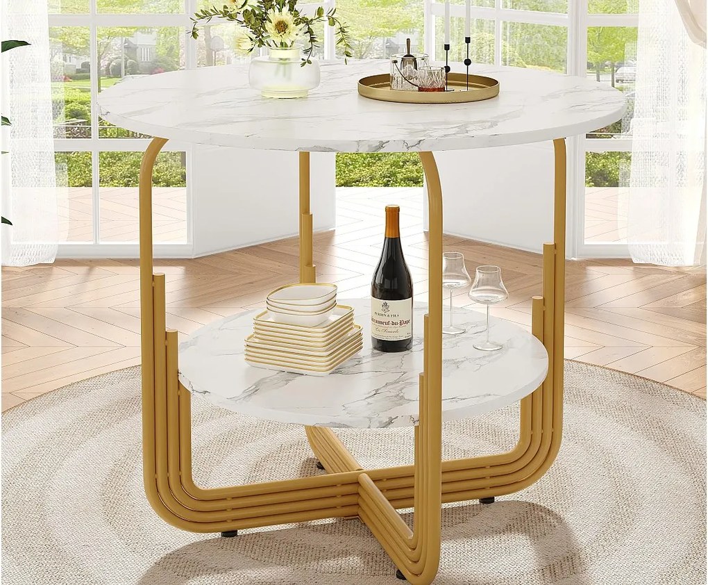 Okrągły stół jadalniany - Metalowa rama - Okleina o wzorze marmuru - Dla 4 osób - z półką do przechowywania - Biały i Złoty