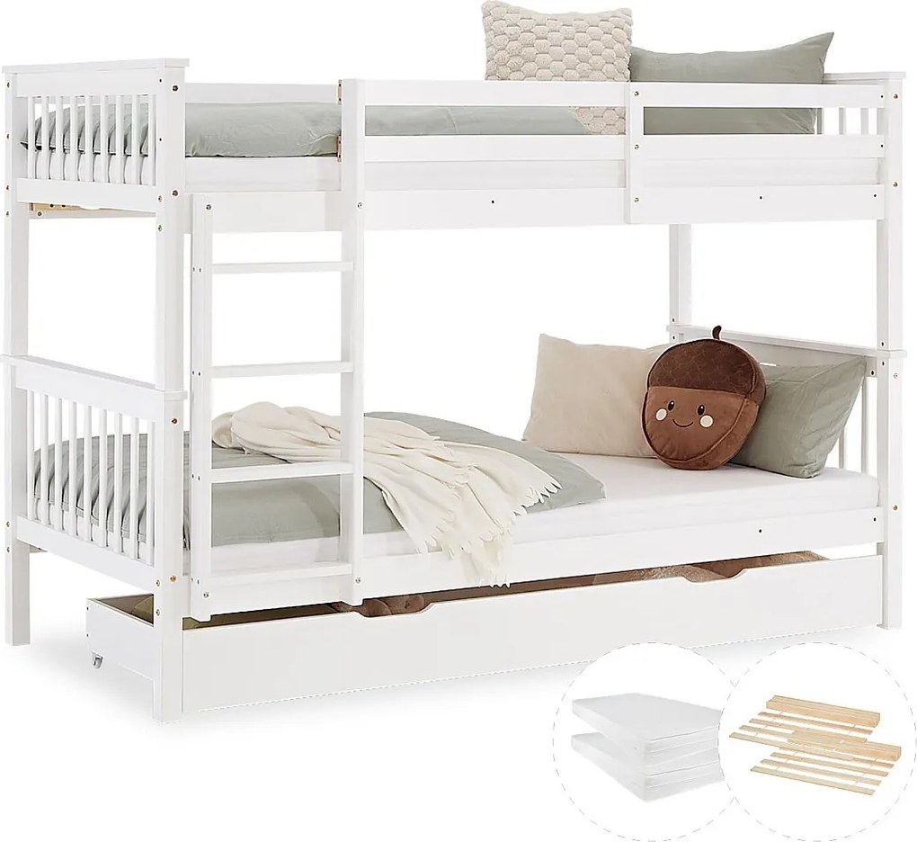 Łóżko piętrowe 90x200 cm białe Drewno sosnowe lite