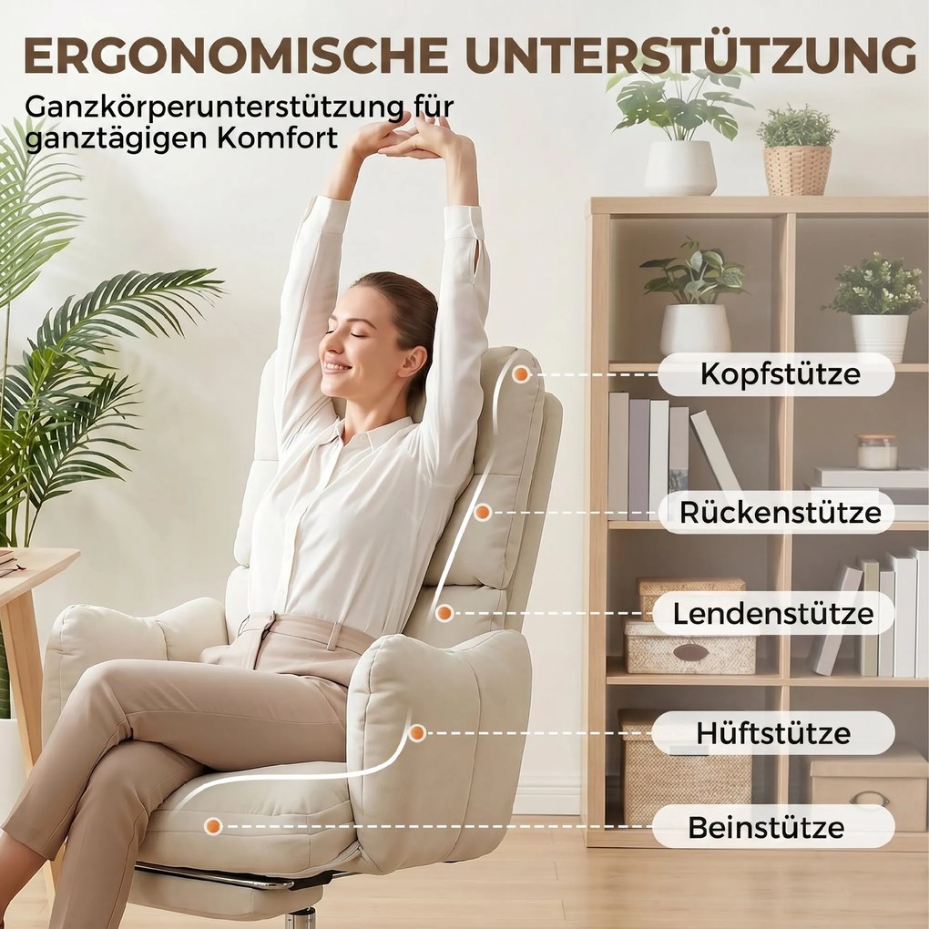 HOMCOM Fotel biurowy z podnóżkiem, ergonomiczny fotel gamingowy i komputerowy, śnieżnobiały flanel, grube wypełnienie | Aosom PL