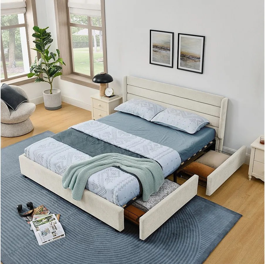 Łóżko podwójne 140 x 200 cm – łóżko dla dorosłych z 2 dużymi szufladami – beżowa tkanina szenilowa – materac nie jest wliczony w cenę