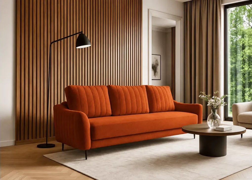 Kanapa Arvella – elegancka sofa 3-osobowa z funkcją spania i pojemnikiem na pościel, dostępna w 6 kolorach tkanin