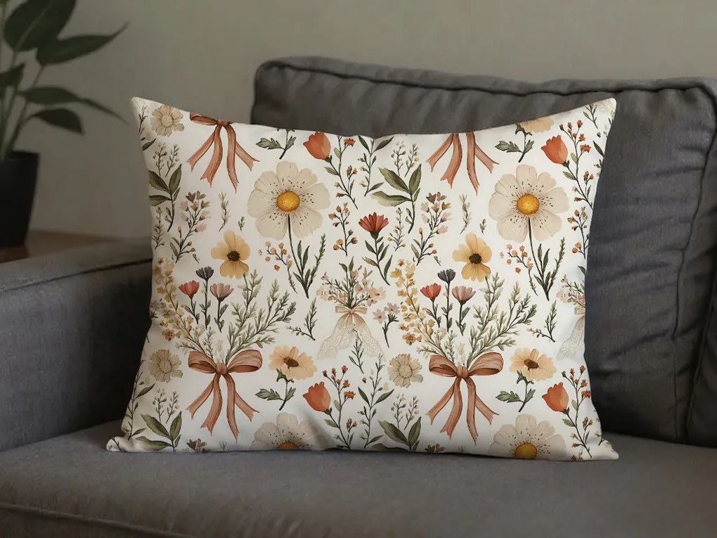 Polibawełniana poszewka na poduszkę FLORAL RIBBON POLY 70x90 cm, kremowy