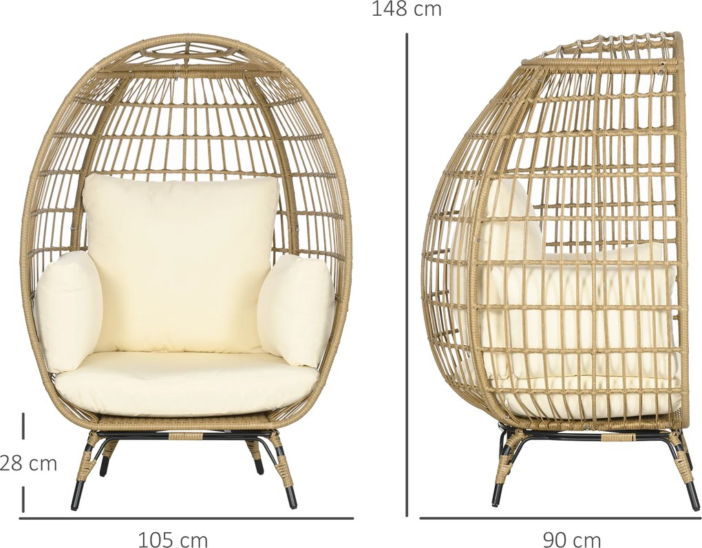 Outsunny Krzesło wiklinowe z efektem rattanu, miękkie poduszki siedziskowe, rama aluminiowa, khaki+beige, 105 x 97 x 150 cm