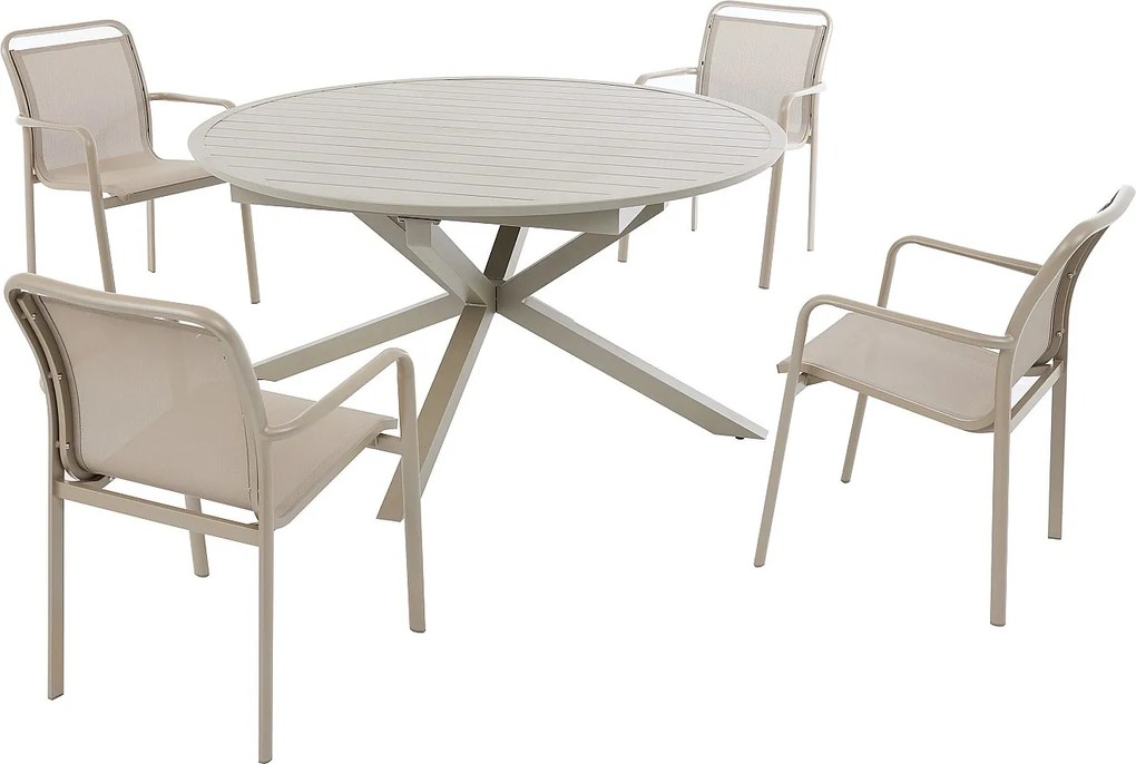 Zestaw mebli ogrodowych z aluminium : okrągły rozkładany stół L.150/200 cm i 4 sztaplowane fotele - Taupe - VELYRA marki MYLIA