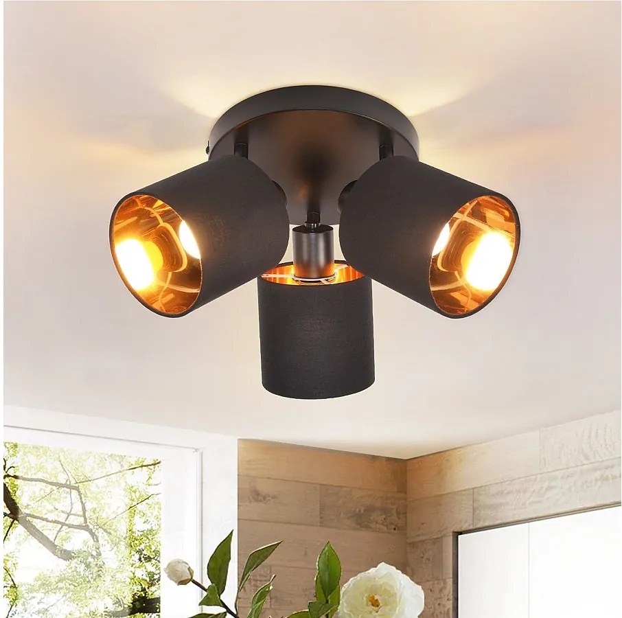 NETTLIFE 3 Vintage Czarne reflektory sufitowe E14 Obrotowe 350° MAX.25W z ekranem z tkaniny do salonu Sypialnia Kuchnia Przedpokój (bez żarówki)
