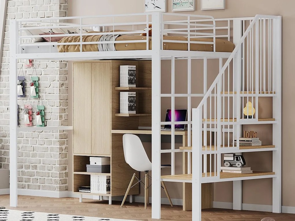 Łóżko mezzanine 140x200cm z metalu - z półkami i drabiną bezpieczeństwa - Białe (materac nie jest w zestawie)