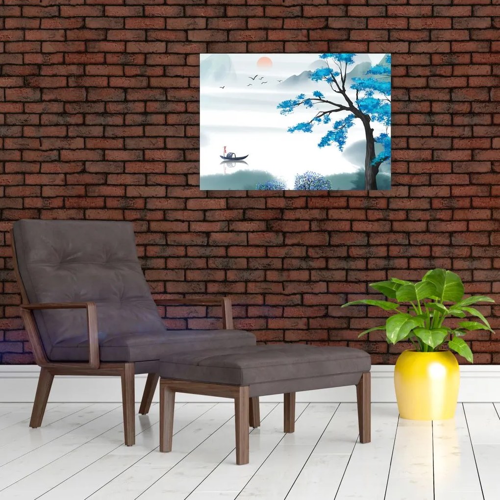 Obraz na szkle - Malowane jezioro z łódką (70x50 cm)