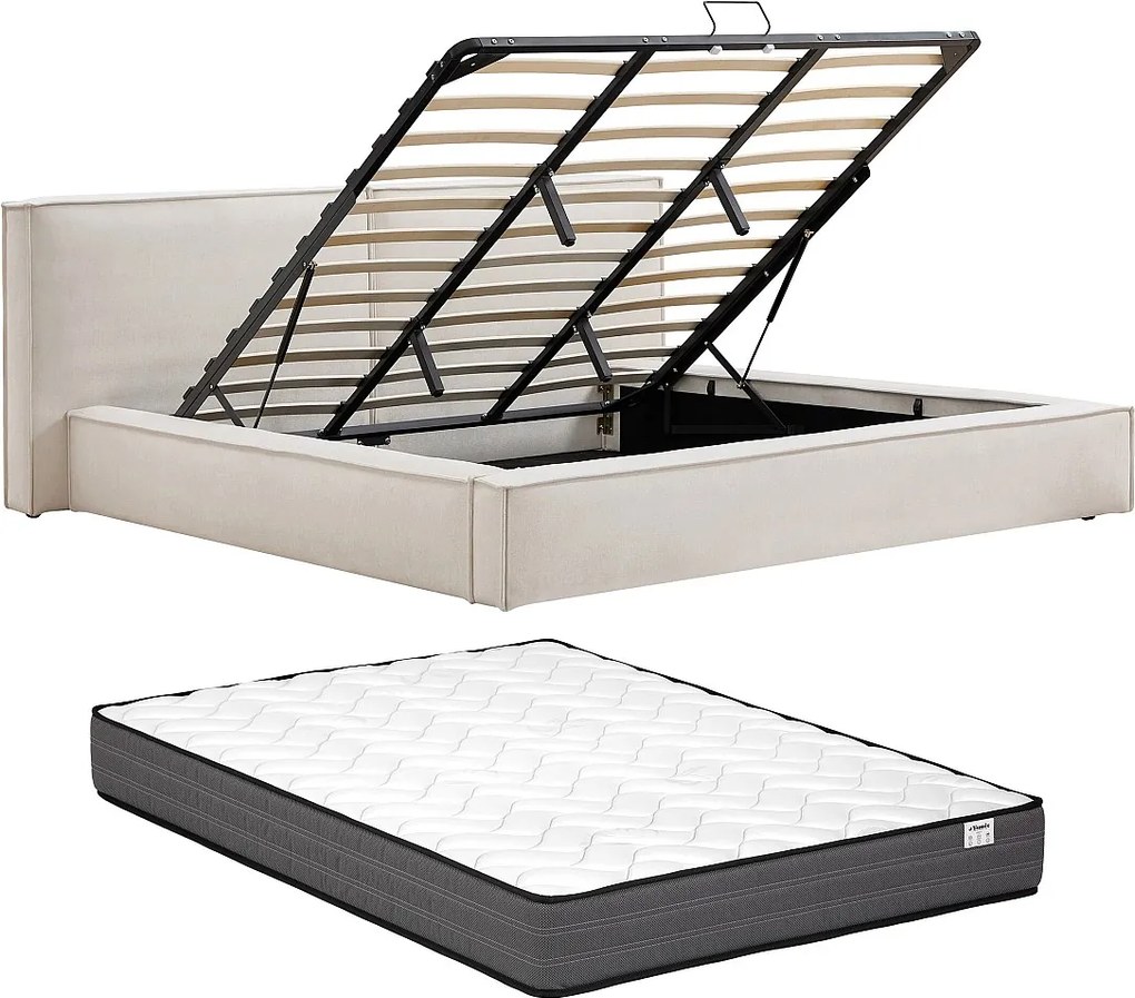 Łóżko ze skrzynią 180 x 200 cm - Tkanina - Beżowe + Materac - TAVESO