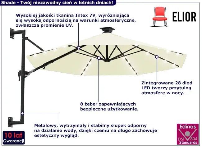 Piaskowy parasol ogrodowy na taras z oświetleniem LED - Waren