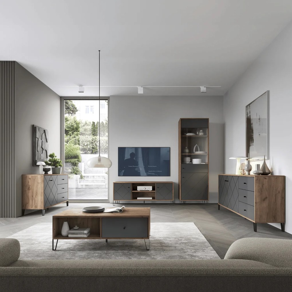 Szafka RTV Dwudrzwiowa BACARDI 183 cm Dąb Craft Tobacco/Grafit Nowoczesna