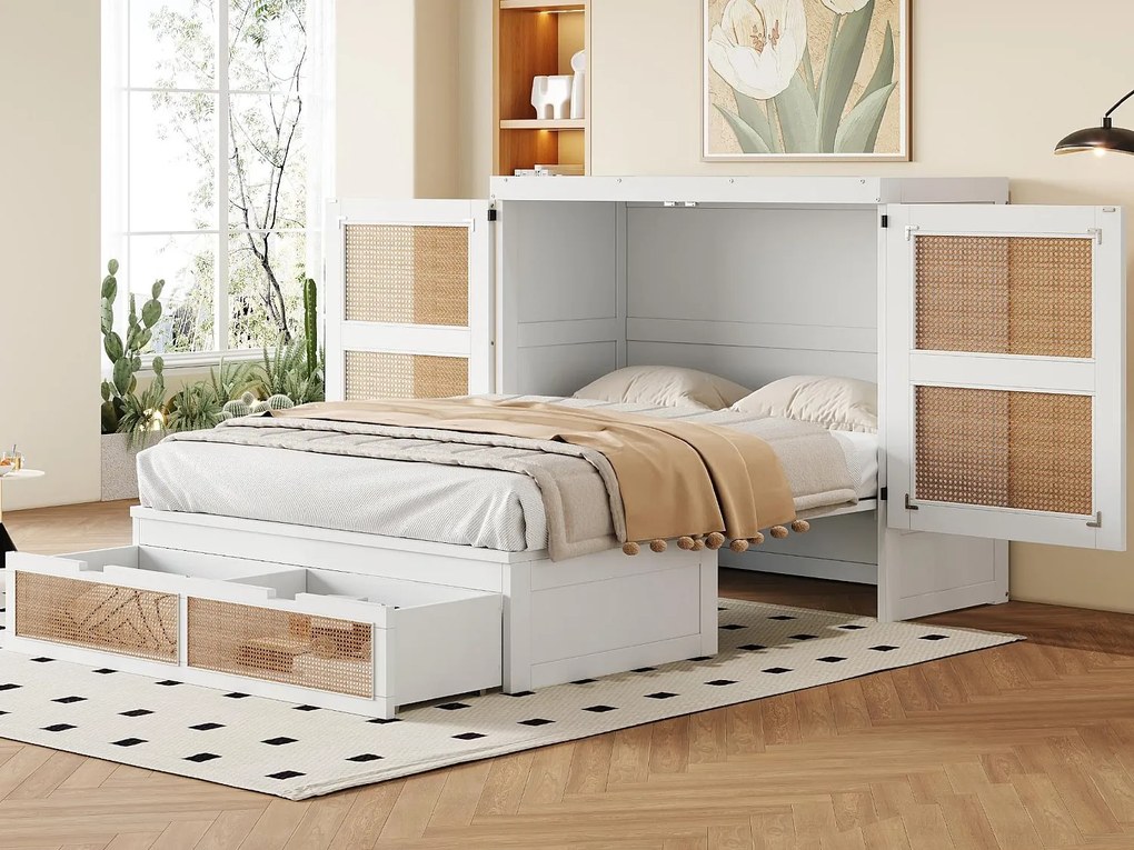 Łóżko ścienne 140x200 cm - z szufladami - z litego drewna - z listwowym stelażem - białe (materac nie jest w zestawie)