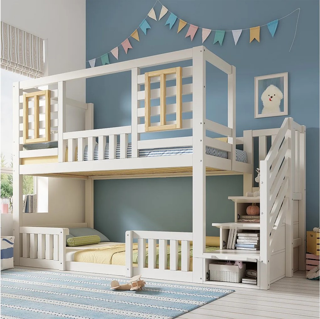 Łóżko piętrowe dla dzieci - 2 x 90 x 200 cm - styl kabiny z oknami - ze schodami do przechowywania - drewno - białe