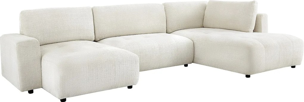 Kanapa narożna prawostronna panoramiczna  z beżowej tkaniny szenilowej CELARO