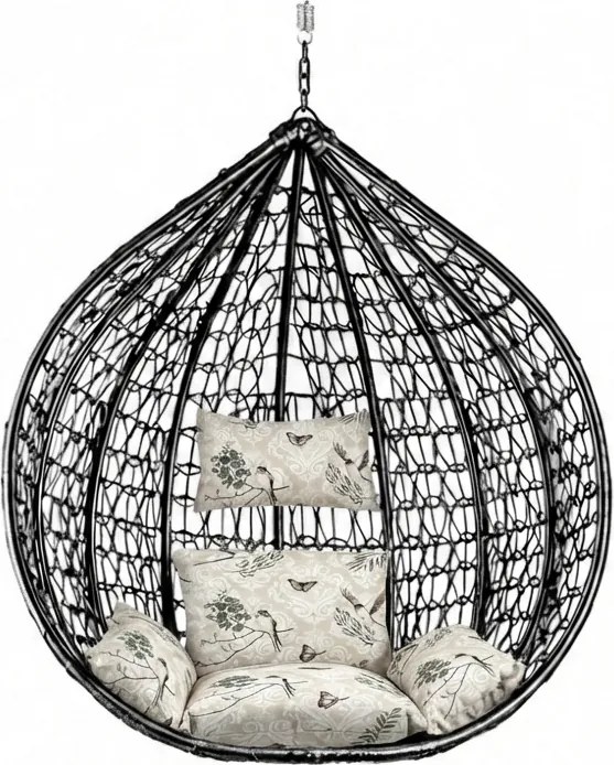 Czarne wiszące krzesło KOKON bez stojaka, beżowa poduszka