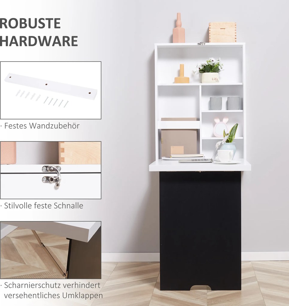 HOMCOM Biurko ścienne z tablicą, 5 półkami, składane biurko komputerowe do biura, białe+czerne 60 x 94,5 x 147 cm