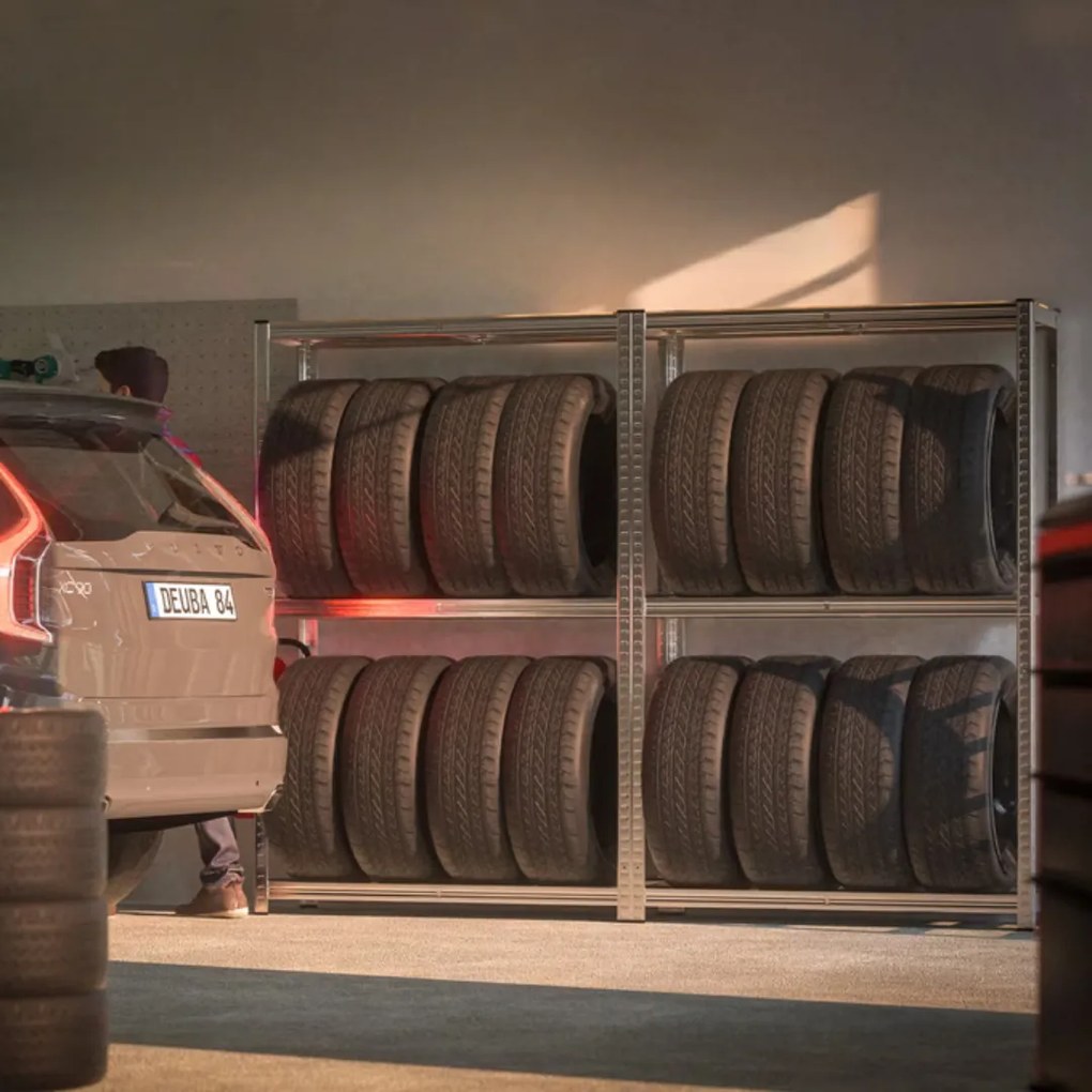 Regał na opony TYRE, 120x40x180 cm, max 795 kg, srebrna/jasnobrązowy Jurhan