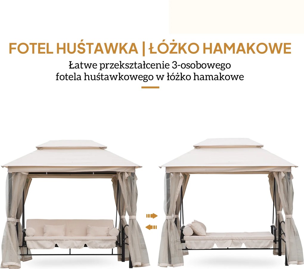 Outsunny huśtawka ogrodowa z dachem i ściankami bocznymi 3-osobowa beżowa przestronna 256x172x248cm | Aosom PL