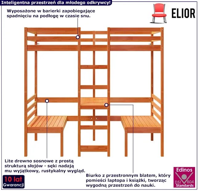 Brązowe łóżko na antresoli z biurkiem na dole 75x190 - Kerbi 3X