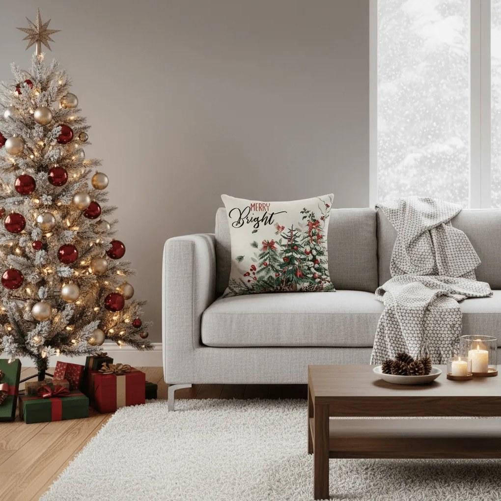 Świąteczna poszewka na poduszkę HOLLY CHARM 45x45 cm, beżowa