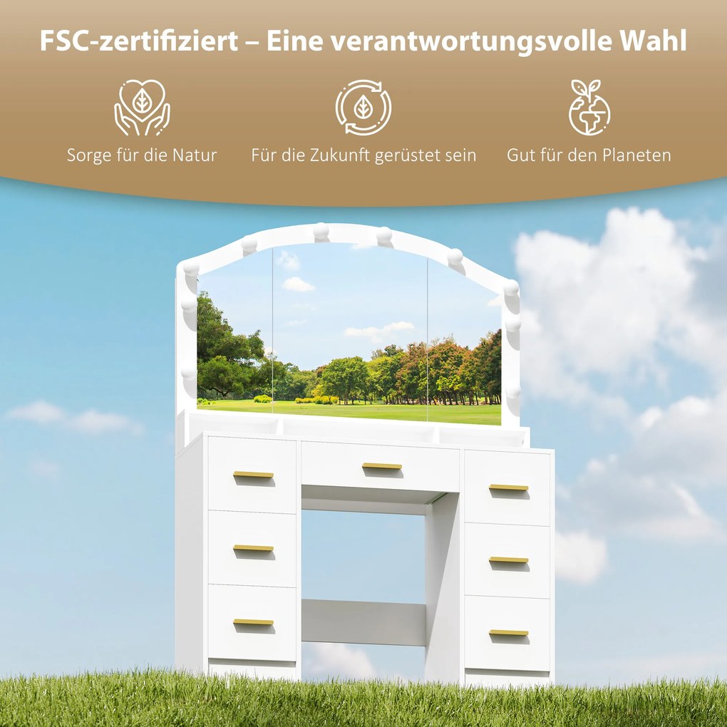 HOMCOM Toaletka z 10 lampami LED w stylu Hollywood, lustro, 7 szuflad, 3 przegrody, MDF, biała