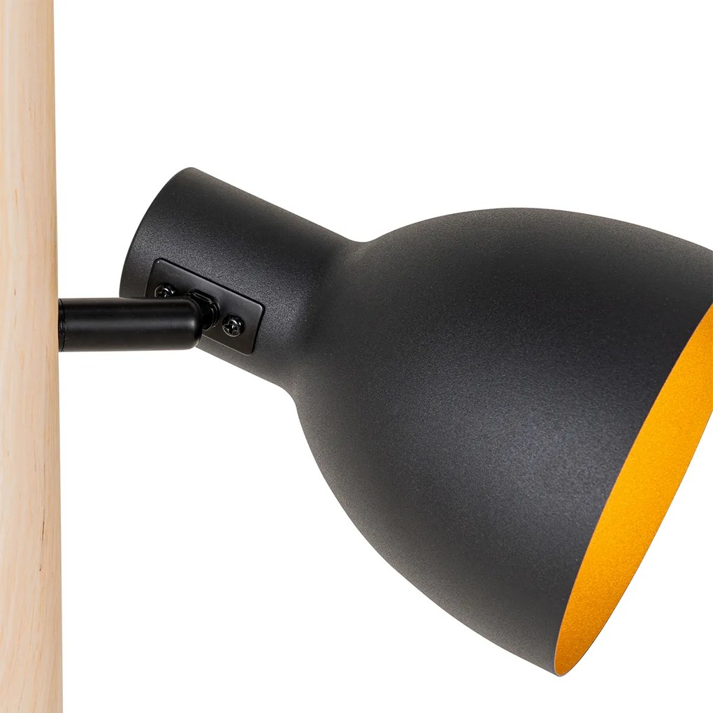 Lampa podłogowa rustykalna czarna z drewnem 3-światłowa - Flint Rustykalny / Vintage Oswietlenie wewnetrzne