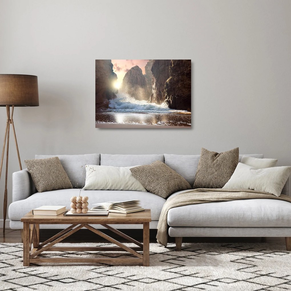 Obraz na szkle - Skały i fale oceanu (70x50 cm)