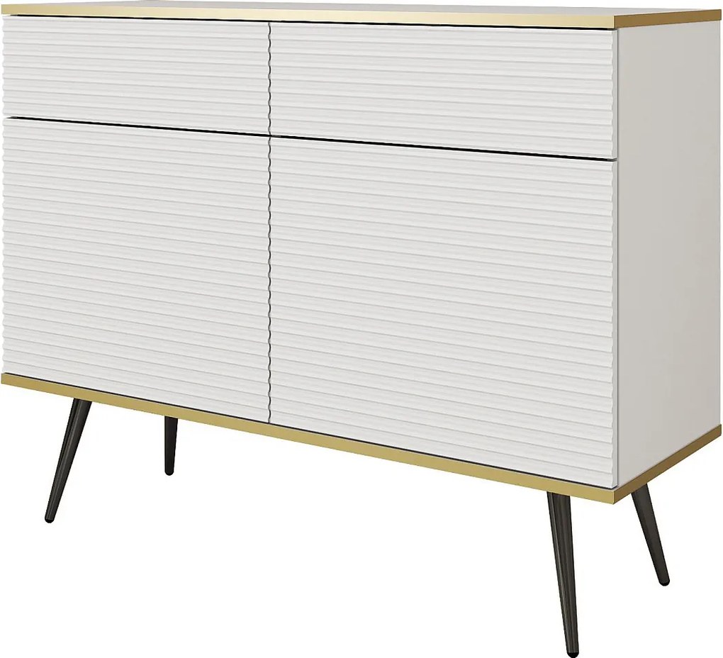 Komoda: biała, nogi czarne, 107 x 85 x 39 cm, fronty ryflowane