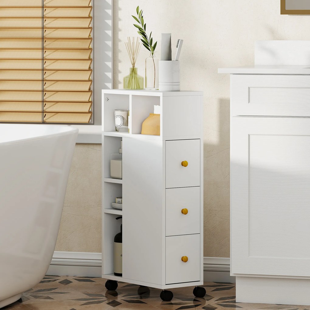 HOMCOM Szafka łazienkowa wąska, szafka z 4 kółkami, 3 szuflady, 5 otwartych przegródek, 20x40x80cm, Biały