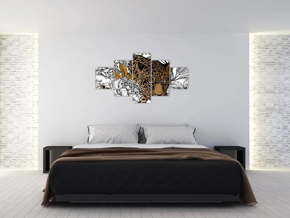 Obraz - Lampart pośród kwiatów (125x70 cm)