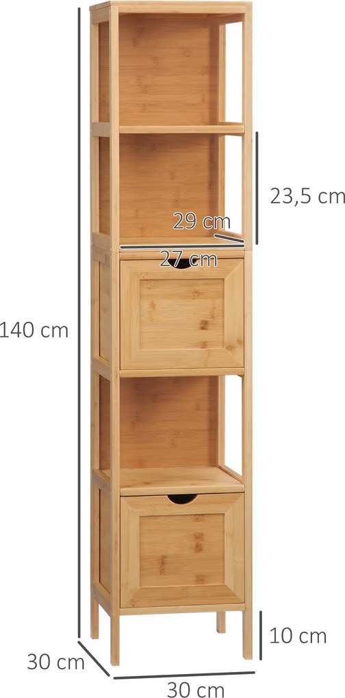 Szafka łazienkowa kleankin, 3 półki, 2 szuflady, bambus, 30 cm x 30 cm x 140 cm, naturalny | Aosom PL