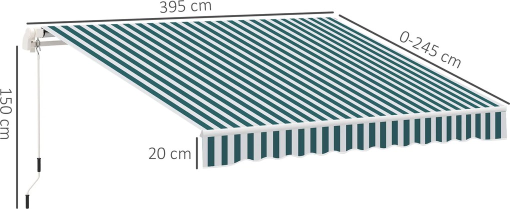 Outsunny Markiza balkonowa przegubowa, manualna, z korbką, biało-zielona, 395x245cm | Aosom PL