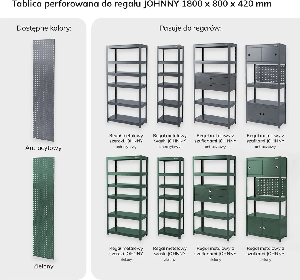 Tablica perforowana do regału: 2 sztuki zielona, 1800x20x420 mm: JOHNNY