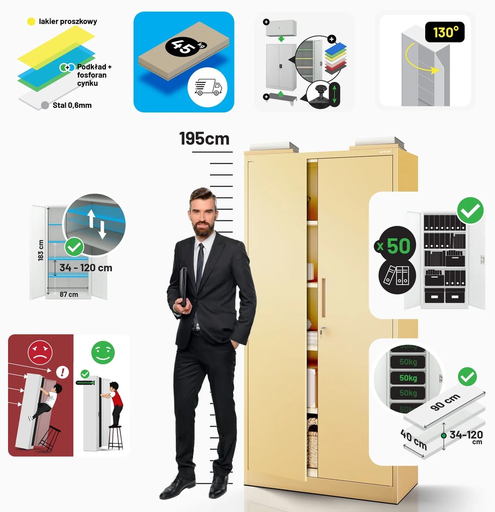 Szafa na dokumenty biurowa metalowa beżowa: Fresh Style JAN H, 900 x 1950 x 400 mm