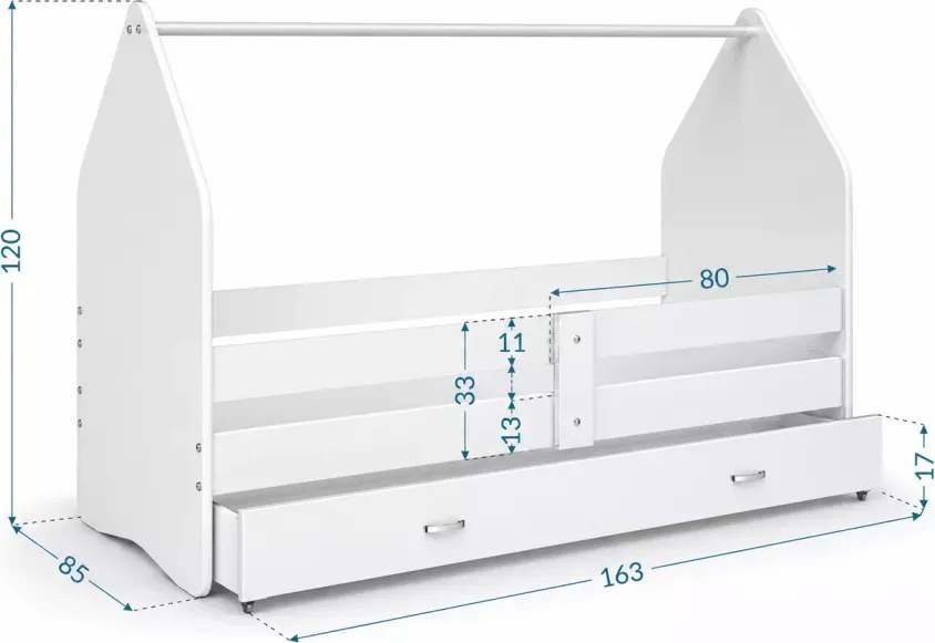 Łóżko dziecięce Fribo 80x160/180 z szufladą barierką i stelażem MDF białe