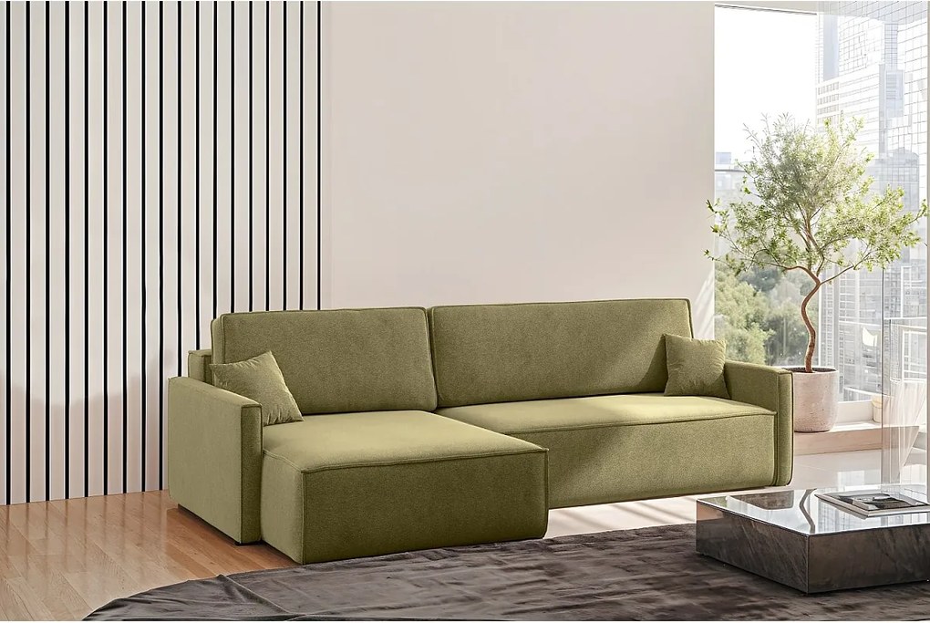 Narożnik z funkcją spania i pojemnikiem w kształcie L Carlos, tkanina Salvador, Oliwkowy, Lewy