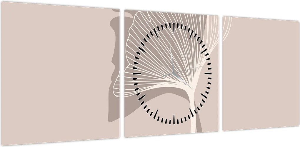 Obraz - Beżowe liście N⁰4 (z zegarem) (90x30 cm)