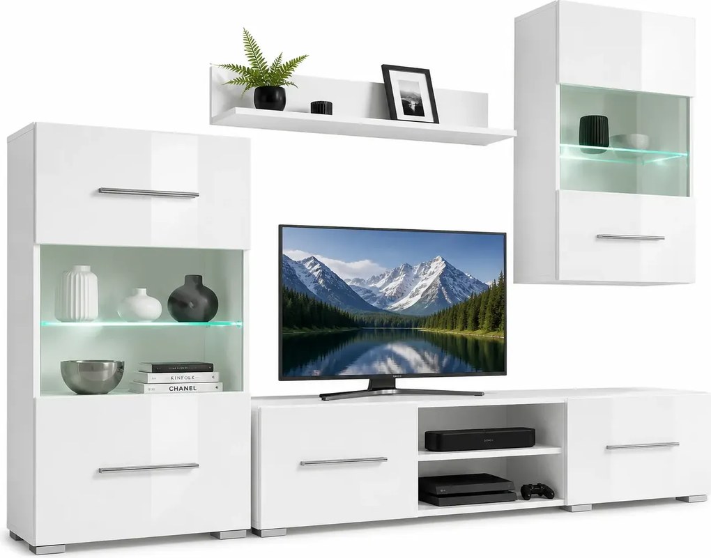 5 elementowy zestaw mebli do salonu z podświetleniem led biały połysk K4-H26