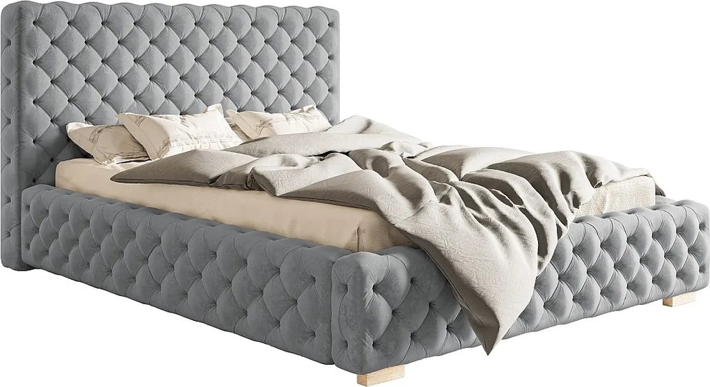 Łóżko pikowane 180x200 cm Adonis - pojemnik i stelaż metalowy, tkanina aksamitna - jasny szary (Jasmine 90)