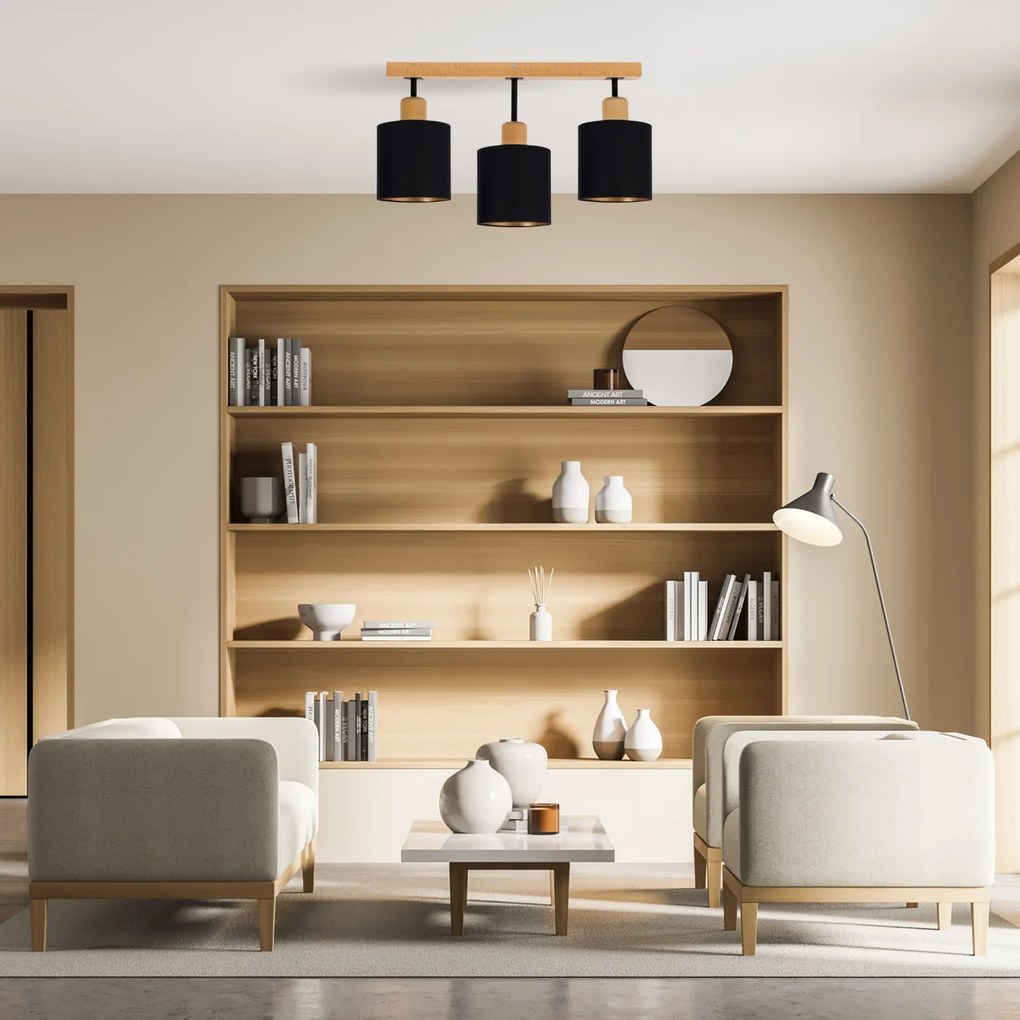 Czarna lampa sufitowa, trzypunktowy spot CL-DSC50x7BU-SC z drewna E27