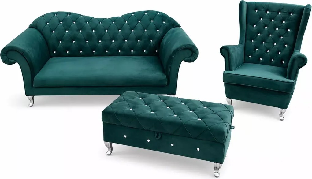 Nowoczesny tapicerowany zestaw do salonu - sofa Vera i fotel uszak głęboko pikowany z podnóżkiem