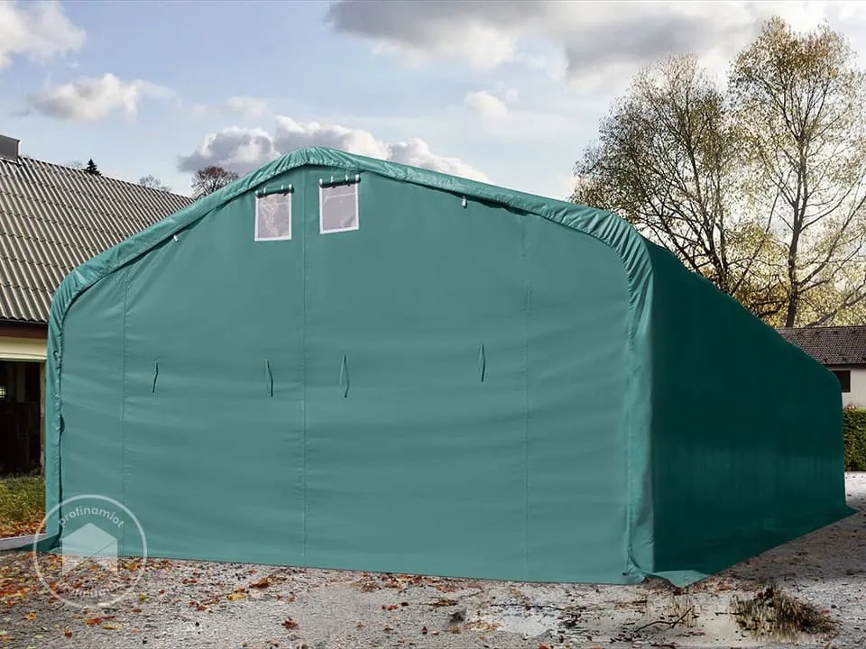 TOOLPORT 6x24m Namiot garażowy - 2,6 m wysokość ścian bocznych z 4,1x2,9m brama, PRIMEtex 2300, ciemnozielony, ze statyką (podłoże gruntowe) - (99443)