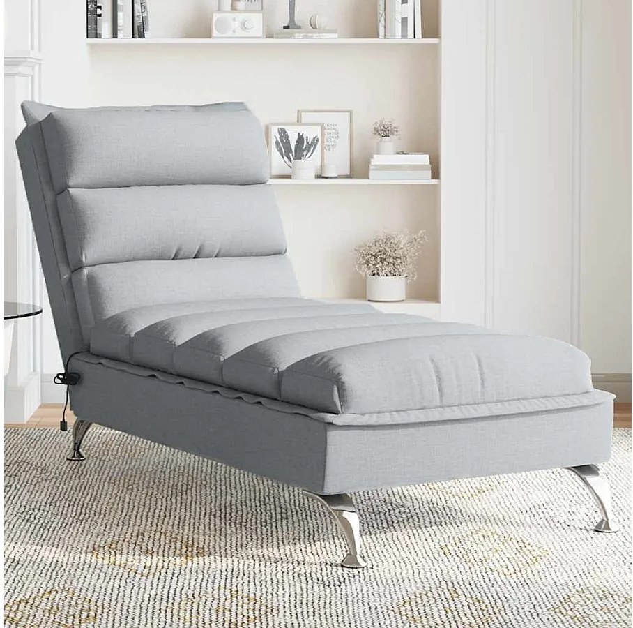 Leżanka masująca w jasnoszarym materiale z funkcją wibracji i w zestawie poduszki