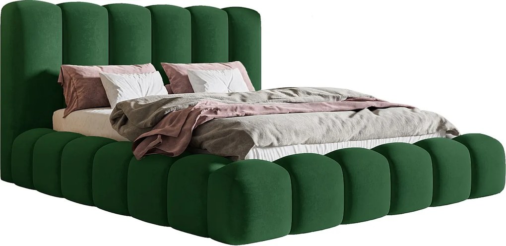 Łóżko tapicerowane 140x200 Madeno - gruba pianka, pojemnik, stelaż metalowy - welur, zielony (Amor Velvet 4311)