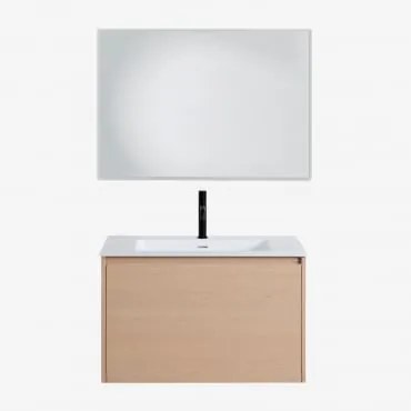 Zestaw Wiszących Mebli Łazienkowych 80x50 Cm Z Drewna Zintegrowany Z Umywalką Jacob Naturalna & Prostokątna Lampa Led - Sklum