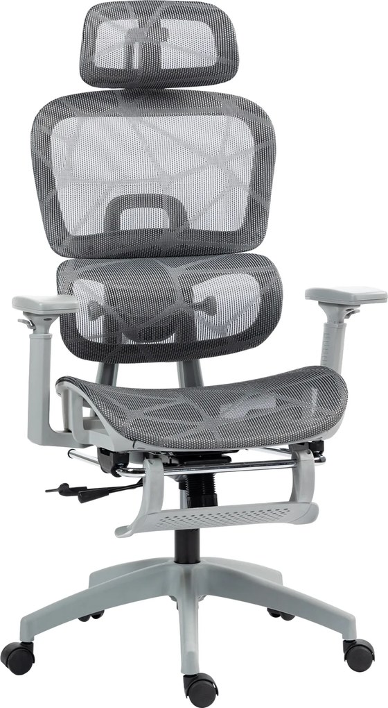 HOMCOM Krzesło biurowe, Ergonomiczne krzesło do biurka z tapicerką z siatki, regulowane, na kółkach, z podłokietnikami, zagłówkiem, Szary