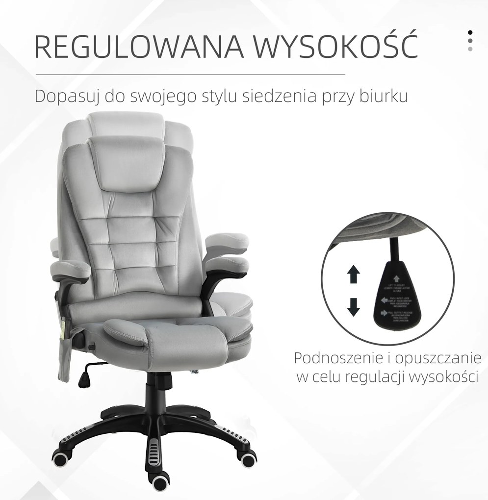 Vinsetto fotel biurowy do masażu krzesło obrotowe 6-punktowy masaż i ogrzewanie ergonomiczny odchylany do 130° z pilotem do 120 kg szary | Aosom PL