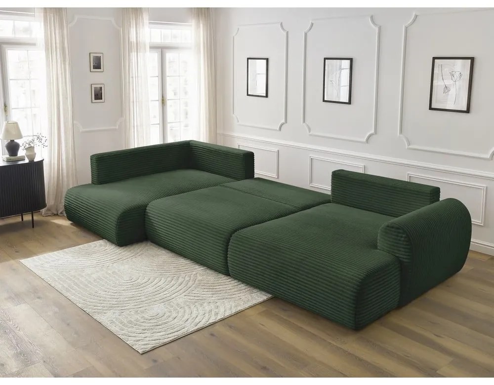 Ciemnozielony sztruksowy rozkładany/ze schowkiem narożnik (lewostronny/w kształcie litery U) Lucien – Bobochic Paris